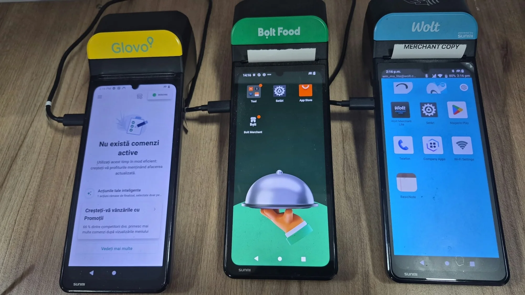 Cele trei tablete de comenzi de la tejghea: Glovo, Bolt Food și Wolt